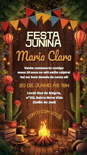 Convite de Festa Junina Rústico com Fogueira para Editar