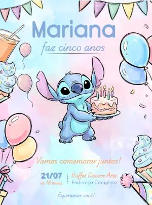 Convite de Aniversário Stitch Aquarela para Editar