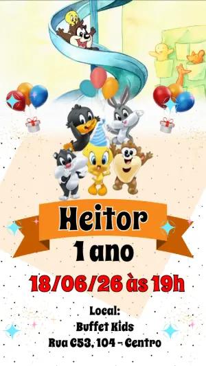 Convite Animado Aniversário Looney Tunes Baby para Editar