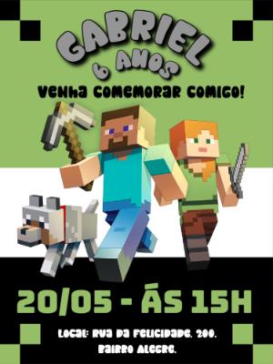 Convite de Aniversário Minecraft com Personagens para Editar Online