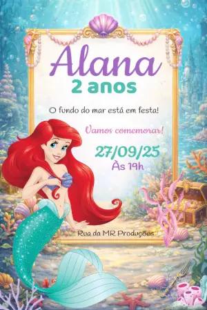Convite Aniversário Pequena Sereia Fundo do Mar Editável