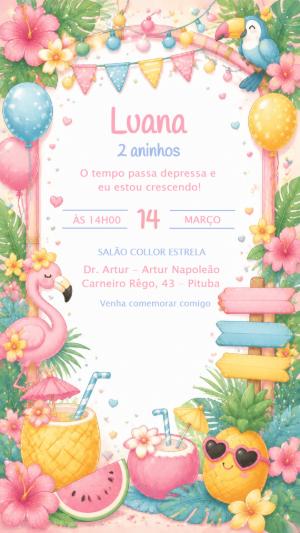 Convite Aniversário Tropical Flamingo Aquarela Editável