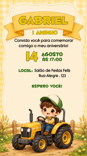Convite de Aniversário Trator Agrícola Editável para Menino
