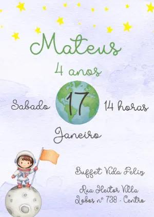 Convite de Aniversário Astronauta Aquarela para Editar