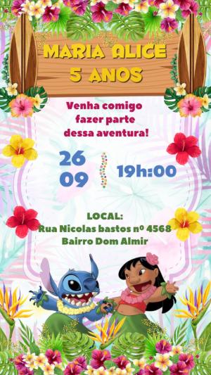 Convite de Aniversário Lilo e Stitch Tropical para Editar