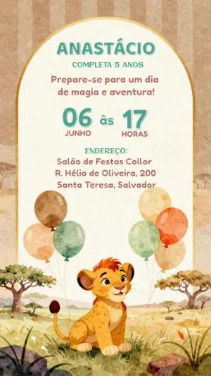 Convite Aniversário Infantil Leãozinho Aquarela Editável