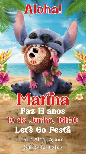 Convite de Aniversário Stitch na Praia para Editar Online