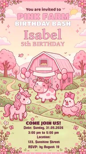 Kawaii Pink Farm Birthday Invitation | Editable Template