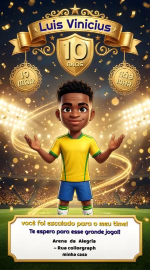 Convite Animado Aniversário Futebol Brasil Dourado para Editar