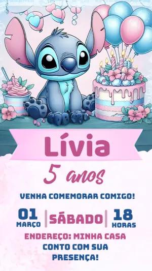 Convite Aniversário Stitch Rosa Editável Online