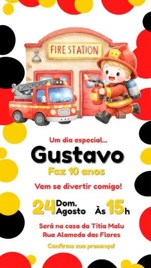 Convite de Aniversário Bombeiro Infantil Colorido para Editar