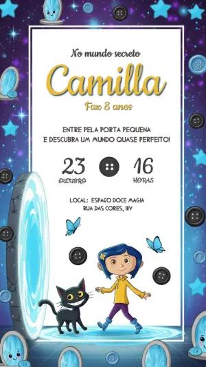 Convite de Aniversário Coraline Mundo Secreto Editável