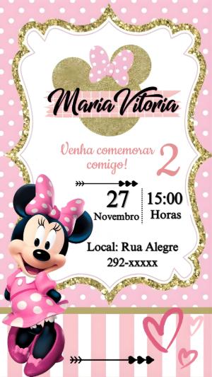 Convite de Aniversário Minnie Rosa e Dourado Editável