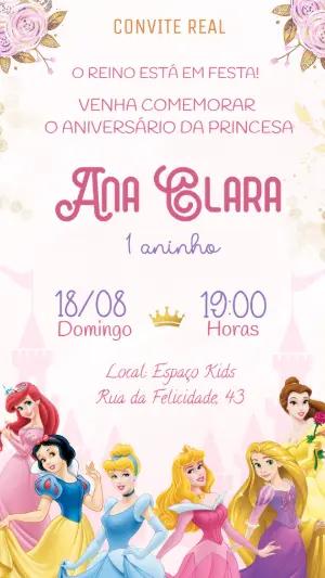 Convite de Aniversário Princesas Disney Editável para Menina