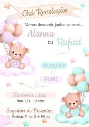 Convite Chá Revelação Ursinhos Baloeiros Lilás e Verde Editável