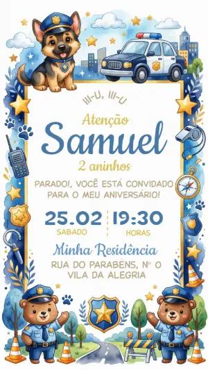 Convite de Aniversário Policial Infantil Editável com Ursinho