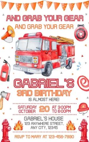 Watercolor Fire Truck Birthday Invitation | Editable Template