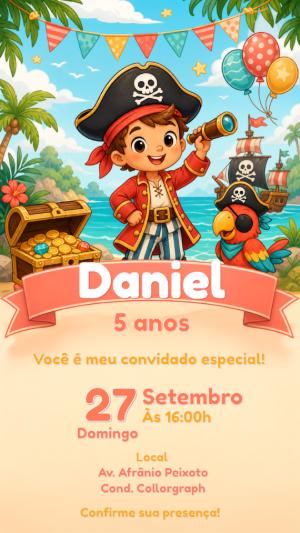 Convite de Aniversário Infantil Pirata para Editar Online