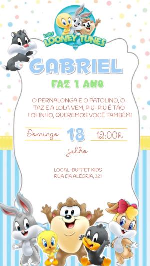 Convite Animado Aniversário Baby Looney Tunes para Editar