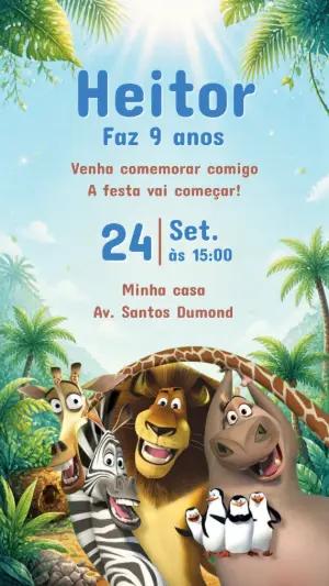 Convite de Aniversário Madagascar: Modelo Digital Editável