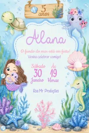 Convite Animado Fundo do Mar Sereia Aquarela para Editar