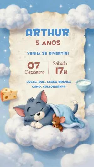 Convite de Aniversário Tom e Jerry Sonhador Modelo Editável