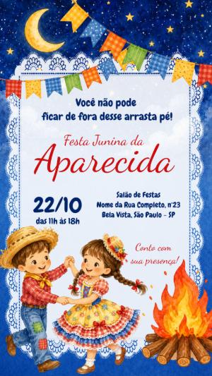 Convite de Festa Junina Aquarela Infantil para Editar