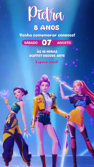 Convite Animado Aniversário Guerreiras K-pop para Editar Online