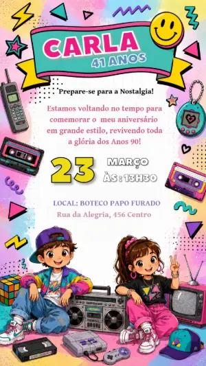 Convite de Aniversário Anos 90 Editável para Festa Retrô