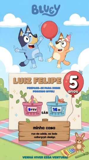 Convite de Aniversário Bluey e Bingo para Editar Online