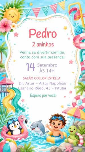Convite Aniversário Pool Party Aquarela Modelo Editável