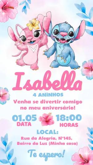 Convite Digital Aniversário Lilo e Stitch Rosa e Azul Editável
