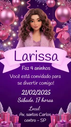 Convite de Aniversário Boneca 3D Roxo e Rosa para Editar