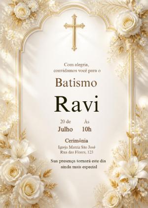 Convite de Batismo Clássico Dourado e Branco Editável