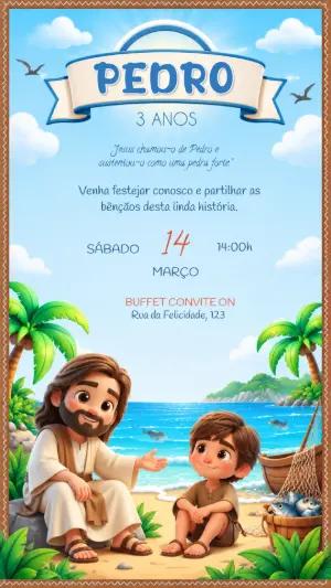 Convite de Aniversário Bíblico Jesus e Pedro Editável