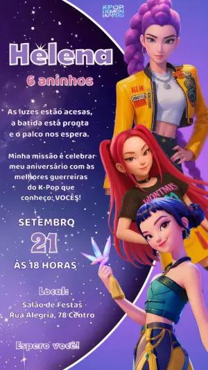 Convite de Aniversário K-Pop Guerreiras Modelo Digital para Editar