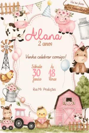 Convite de Aniversário Fazendinha Rosa Editável