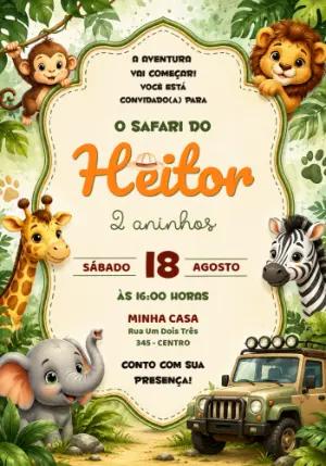 Convite de Aniversário Safari Animais Editável