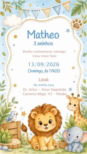 Convite Aniversário Leãozinho Safari Editável em Aquarela