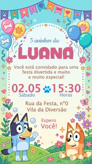 Convite de Aniversário Infantil Bluey e Bingo Rosa para Editar