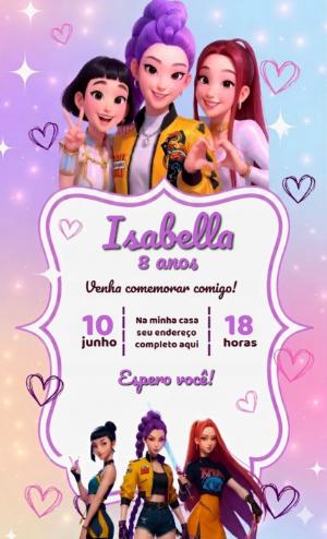 Convite de Aniversário Guerreiras K-pop Roxo para Editar
