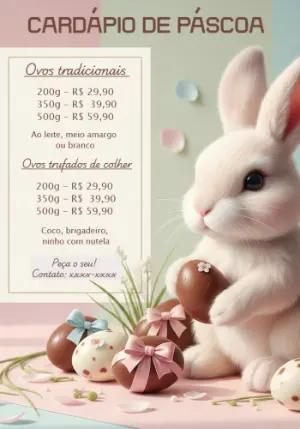 Cardápio de Páscoa Editável com Coelhinho Fofo e Ovos de Chocolate