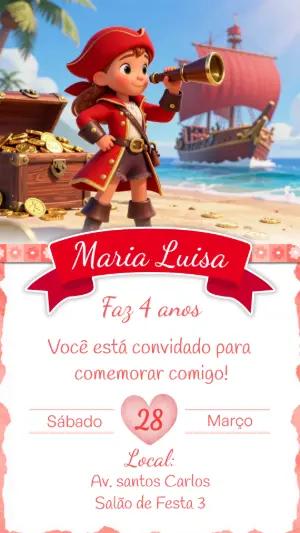 Convite de Aniversário Pirata Menina 3D para Editar
