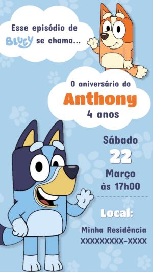 Convite Aniversário Bluey e Bingo para Editar Online