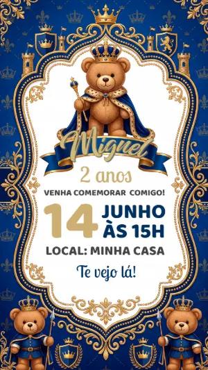 Convite de Aniversário Ursinho Príncipe Azul e Dourado Editável