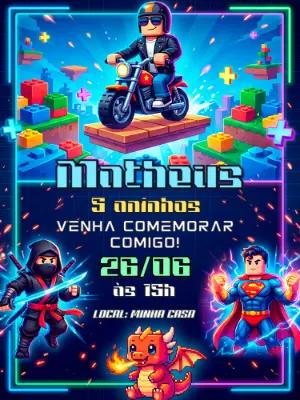 Convite de Aniversário Infantil Gamer Neon para Editar