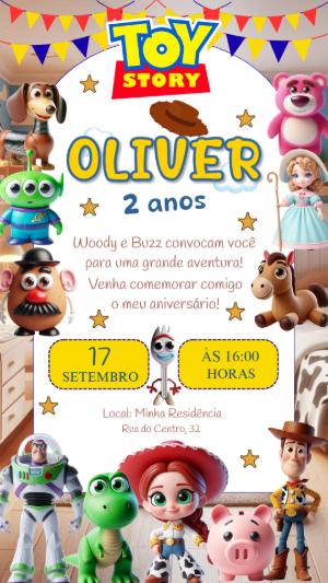 Convite Aniversário Toy Story com Personagens para Editar Online