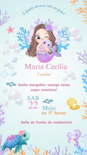 Convite Aniversário Sereia Fundo do Mar para Editar Online