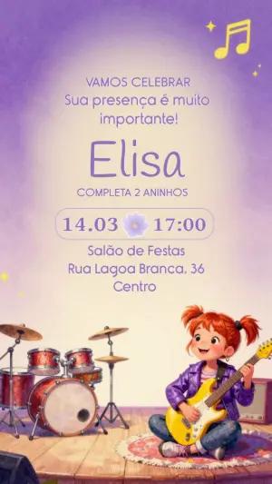 Convite de Aniversário Menina Rockeira Roxo para Editar