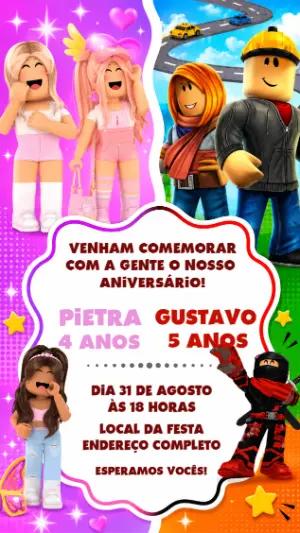 Convite Aniversário Duplo Roblox Menino e Menina para Editar